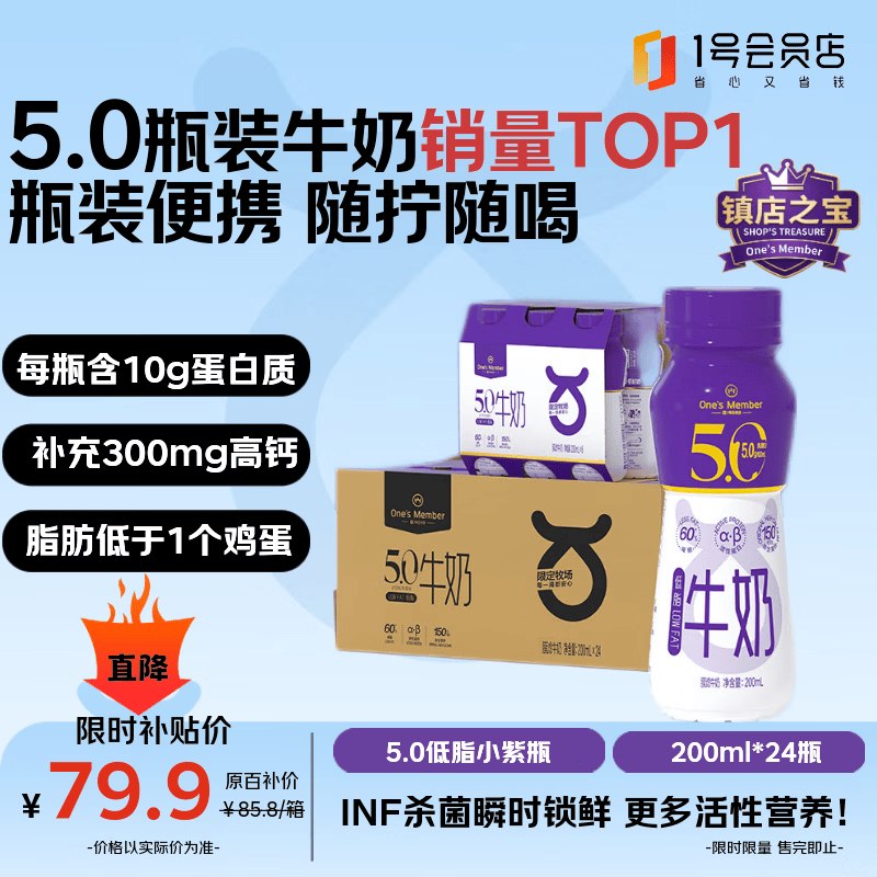 自营1号会员店 5.0gPET瓶纯牛奶买2件119.9元；反【12】超市卡得【200ml*24瓶*2箱】才2.2/盒超市卡限量！！下单多留.意反卡