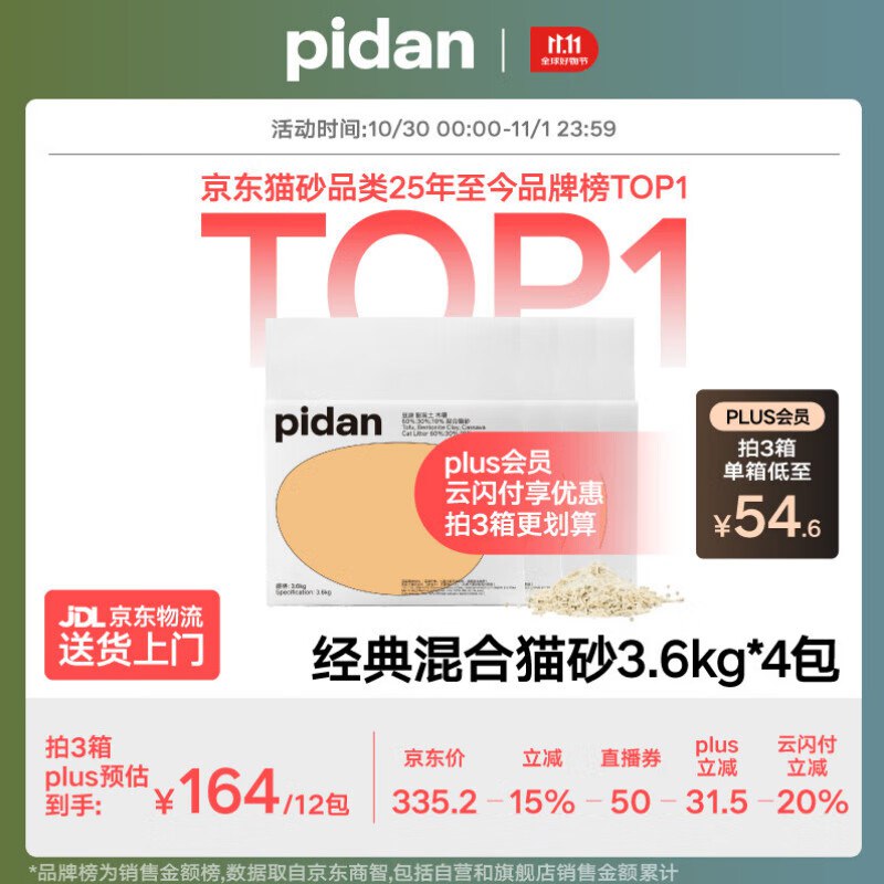 pidan 经典混合猫砂 3.6kg*4包，每件48.7元京东购物小程序首页-顶端特价-9.9包邮，进去领9折卷pidan混合猫砂3.6kg*4包 ，主图进直播间领50券，买3件