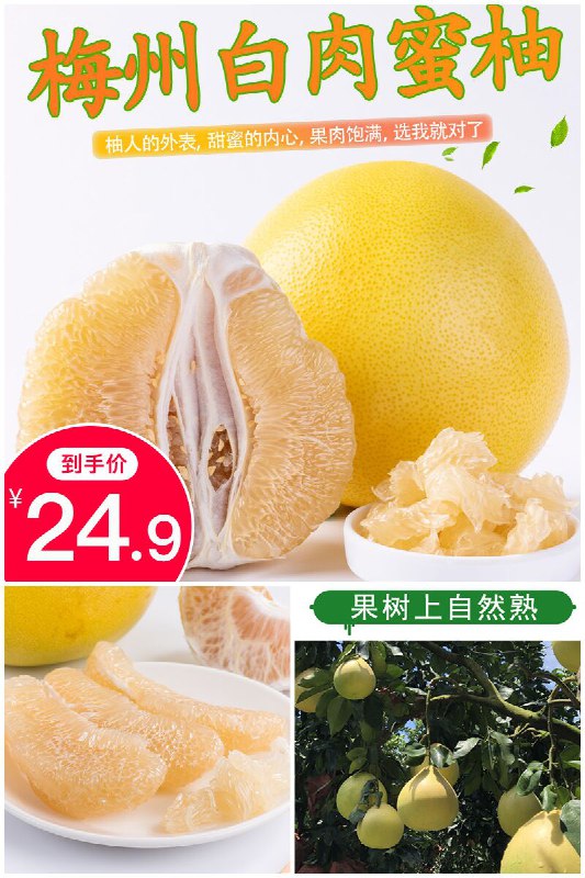 【柚友】梅州蜜柚金柚白肉柚子5斤原价【29.9元】券后【24.9元】包邮地址：