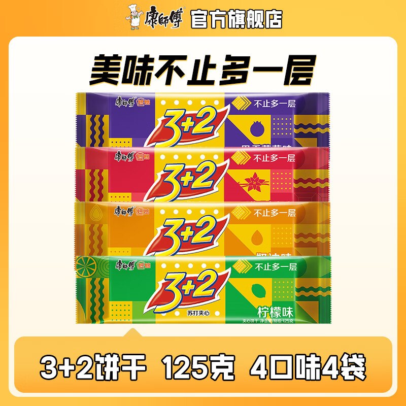 康师傅 3+2苏打夹心饼干125g*4袋拍下13.9元，折3.4/袋领 
