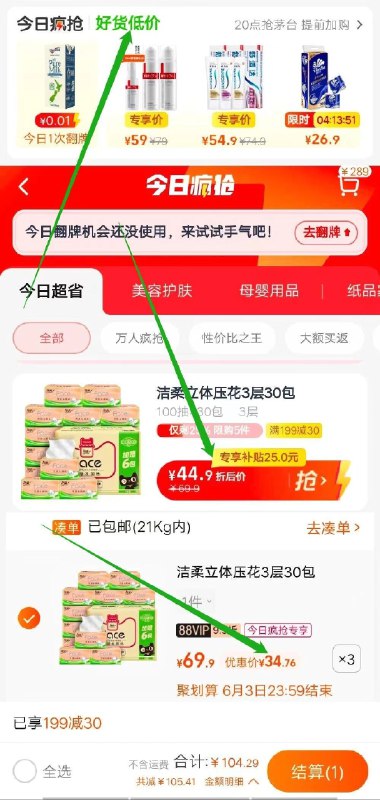 1，先收藏 加车2件2，在领价格下方199-30购物券3，天猫超市-今日疯抢-找到图示在疯抢加购车1件 返回付款-拍3件104亓 如有88VIP=98亓到手3箱90包 折合32亓/箱洁柔立体压花3层抽纸100抽90包(lnLp2MmBgXE)