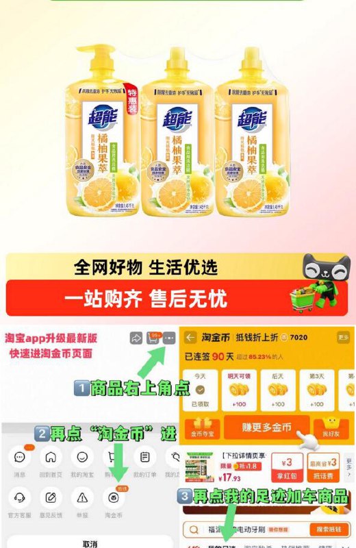 9折消费券29.4元 猫超包邮右上角...进入淘金币频道购买超能洗洁精橘柚果萃1.45kg*3：/