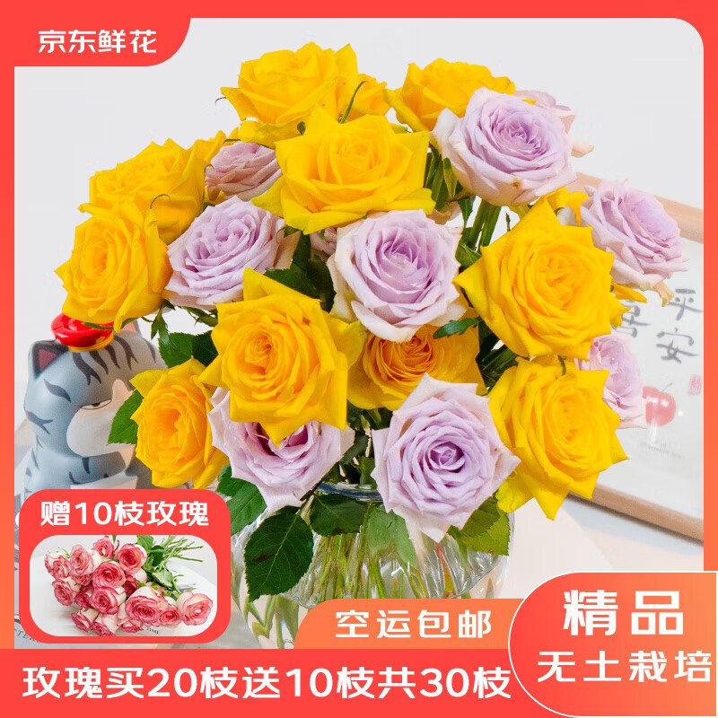 自营京东鲜花 随机色玫瑰鲜花拍下【18.8元】得含赠30枝