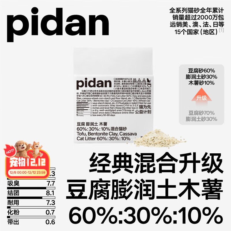 app首页“9.9包邮”领15-6卷pidan混合猫砂 豆腐膨润土木薯混合经典款2.4kg2首单【5.91】