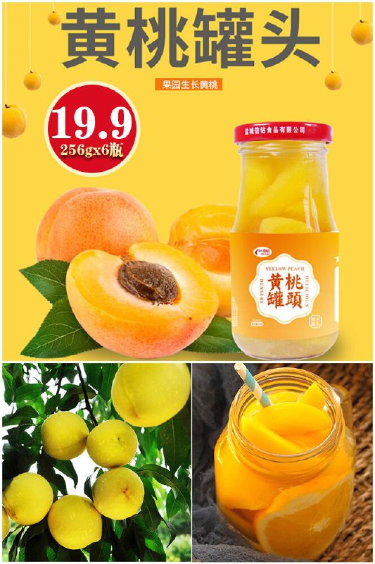 【不打蜡不催熟！】砀山脆甜黄桃罐头6瓶*256g原价【29.9元】 券后【19.9元】包邮下单：