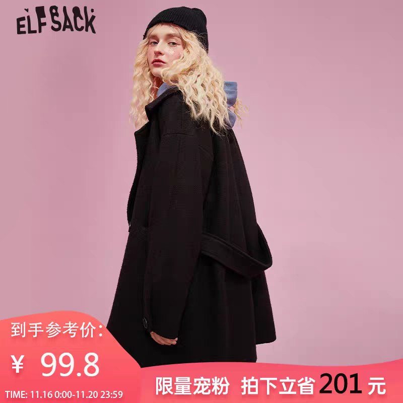 129.8元  妖精口袋旗舰店妖精的口袋黑色羊毛呢大衣好评晒图再低30元到手99元(AiHxcm98bTO)/