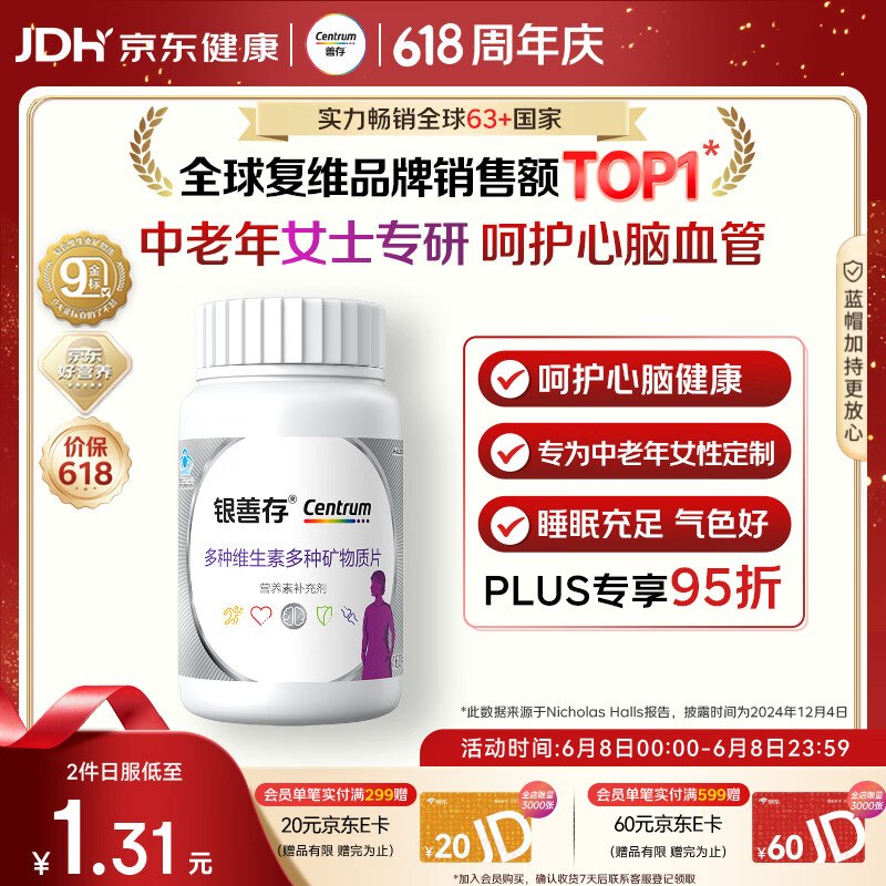 善存 多种维生素多种矿物质片 银善存160粒，54.87善存卷