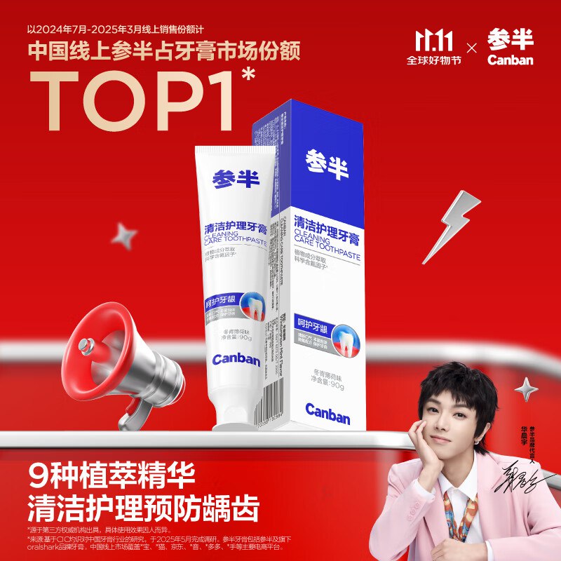 5件41.7返40卡参半 清洁护理牙膏冬青薄荷味90g整支