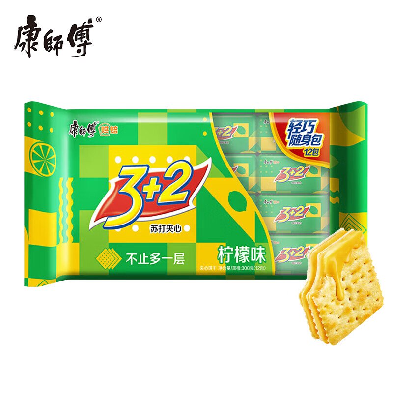 部分地区康师傅 3+2苏打夹心饼干 柠檬味300g，概率砸5奍，1首单，10.9赠：康师傅方便面 迷你杯61g*3杯