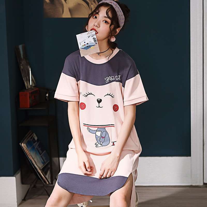 夏季女士针织棉短袖中裙可爱甜美睡裙，29元